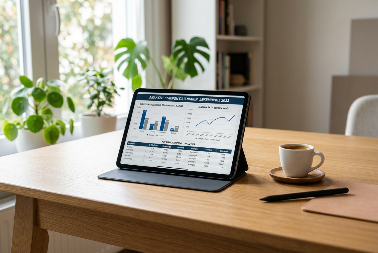 Επαγγελματικός χώρος εργασίας με tablet που εμφανίζει στατιστικά στοιχεία καζίνο.