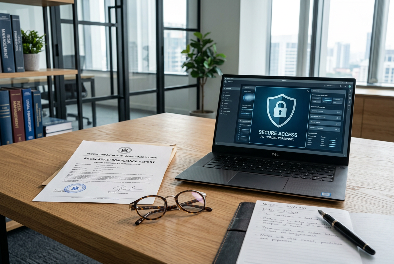 A laptop on a desk showing digital security and regulatory certificates
