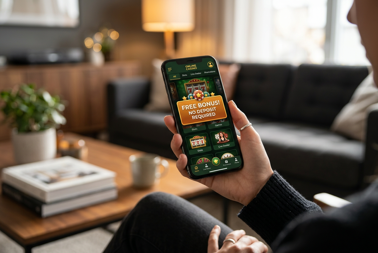 A smartphone showing a vibrant casino bonus offer on screen